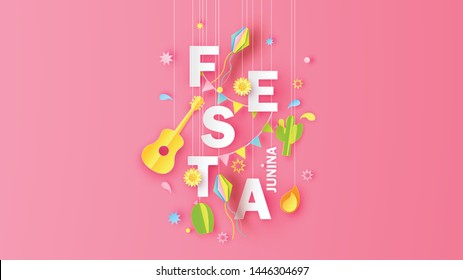 Illustration of Festa Junina festival design with elements and paper calligraphy FESTA JUNINA. Graphic design for Festa Junina festival. paper cut and craft style. vector,illustration.