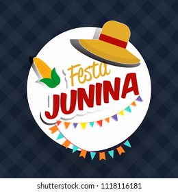  Illustration  for Festa Junina with Party Flags and Paper Lantern on Yellow Background. Vector Brazil June Festival Design, Greeting Card, Holiday Poster.