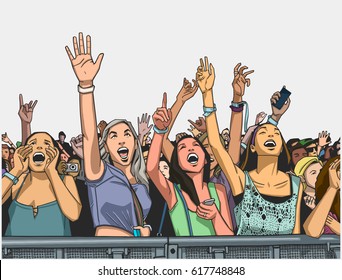 Illustration of festival crowd cheering at concert in color