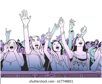 Illustration of festival crowd cheering at concert in color