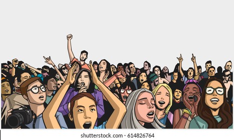 Illustration of festival crowd going crazy at concert in color