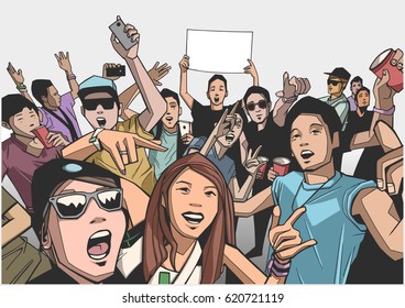 Illustration of festival crowd going crazy at concert in color