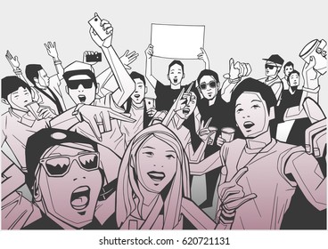 Illustration of festival crowd going crazy at concert