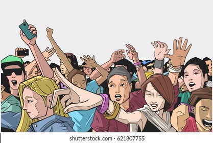 Illustration Of Festival Crowd Going Crazy At Concert In Color