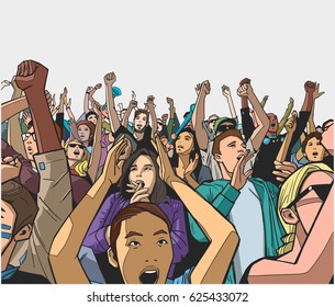 Illustration of festival crowd going crazy at concert in color