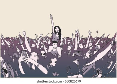 Illustration of festival crowd going crazy at concert in color