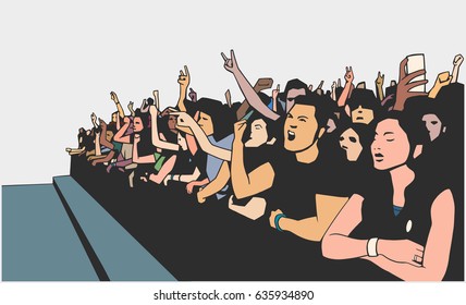 Illustration of festival crowd going crazy at concert in color