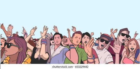 Illustration of festival crowd going crazy at concert in color