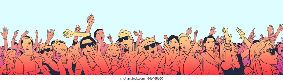 Illustration of festival crowd having fun at concert in panorama view with high detail and color