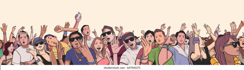 Illustration of festival crowd having fun at concert in panorama view with detail