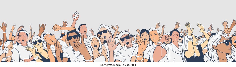 Illustration of festival crowd having fun at concert in panorama view with detail