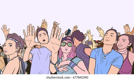 Illustration of festival crowd partying in color