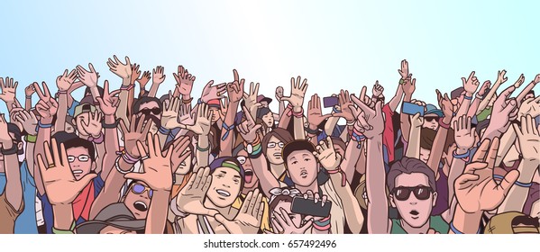 Illustration of festival crowd partying with raised hands in color