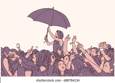 Illustration of festival crowd partying in summer rain with raised hands and umbrella in color