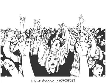 Illustration of festival crowd with raised hands in black and white