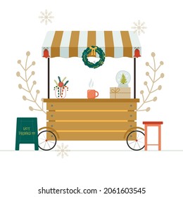 Illustration of festival sale stall with hot drinks and souvenirs. Vector illustration.