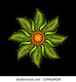 Illustration of festive abstract mandala; Decorative mesmerizing sun; Colorful magic flower and plants; Sacred geometry and visionary art; Vector template.