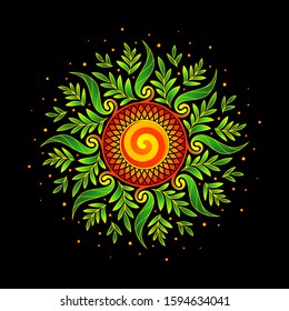 Illustration of festive abstract mandala; Decorative mesmerizing sun; Colorful magic flower and plants; Sacred geometry and visionary art; Vector template.