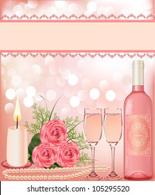  illustration festive background with rose, pearl candle and goblet.