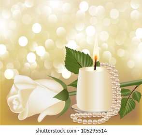 illustration festive background with white rose, pearl by candle