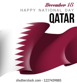 illustration festive banner with flag of The State of Qatar. Card with flag and coat of arms Happy The State of Qatar Day 2018. picture banner december 18 of foundation day