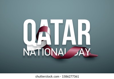 illustration festive banner with flag of The State of Qatar. Card with flag and coat of arms Happy The State of Qatar Day 2019. picture banner december 18 of foundation day