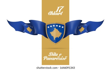 illustration festive banner Happy independence day with state flag of The Republic of Kosovo. Card with flag and coat of arms Republic of Kosovo 2020. picture banner February 17 of foundation day