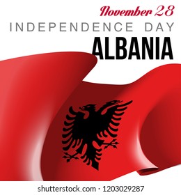 illustration festive banner with state flag of The Republic of Albania. Card with flag and coat of arms Happy Republic of Albania Day 2019. picture banner november 28 of foundation day