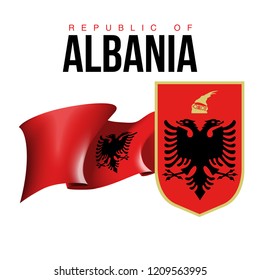 illustration festive banner with state flag of The Republic of Albania. Card with flag and coat of arms Happy Republic of Albania Day 2019. picture banner november 28 of foundation day