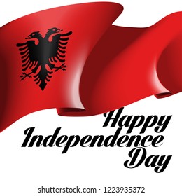 illustration festive banner with state flag of The Republic of Albania. Card with flag and coat of arms Happy Republic of Albania Day 2019. picture banner november 28 of foundation day