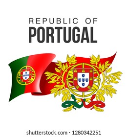 illustration festive banner with state flag of The Republic of Portugal. Card with flag and coat of arms Happy Republic of Portugal Day 2018. picture banner December 1 of foundation day