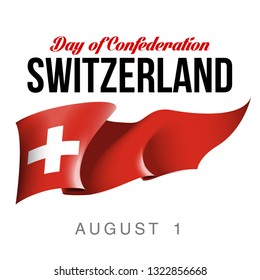 illustration festive banner with state flag of Confederation Switzerland. Card with flag and coat of arms Happy Swiss Confederation Day 2019. picture banner august 1 of foundation day