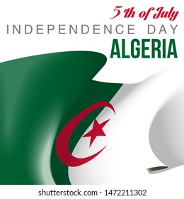 illustration festive banner with state flag of The People's Republic of Algeria. Card with flag and coat of arms Happy People's Republic of Algeria Day 2019. picture banner July 5 of foundation day