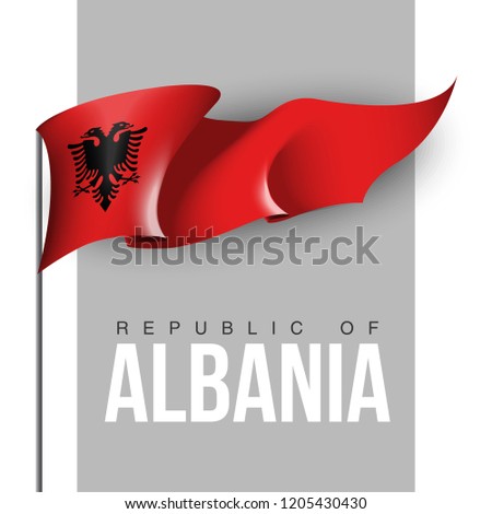 illustration festive banner with state flag of The Republic of Albania. Card with flag and coat of arms Happy Republic of Albania Day 2019. picture banner november 28 of foundation day