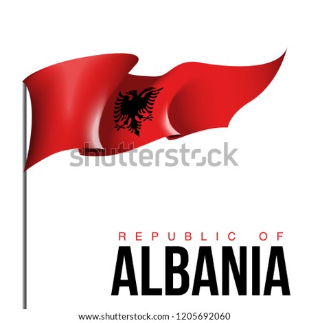 illustration festive banner with state flag of The Republic of Albania. Card with flag and coat of arms Happy Republic of Albania Day 2019. picture banner november 28 of foundation day