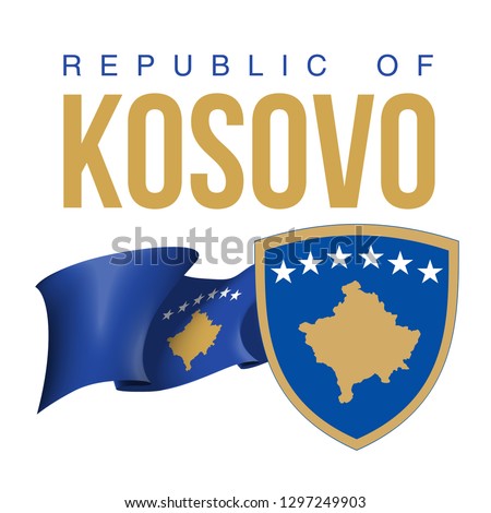 illustration festive banner with state flag of The Republic of Kosovo. Card with flag and coat of arms Happy Republic of Kosovo Day 2019. picture banner February 17 of foundation day