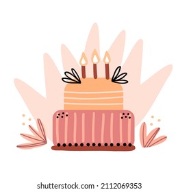 Illustration of a festive birthday cake. Cake decorated with candles for a children's party. Simple cute style. Universal use.