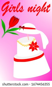 illustration of a festive cake for the bride, a cake in white fondant, with a red belt and a flower, yellow beads, a white hat with a veil with a red ribbon, on a one-time background, the inscription