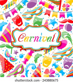 Illustration festive card with carnival and party colorful icons and objects - vector