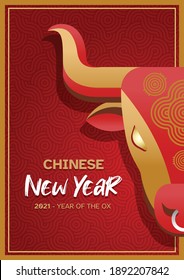 An illustration of festive Chinese New Year 2021 with golden Ox, zodiac symbol of 2021 year