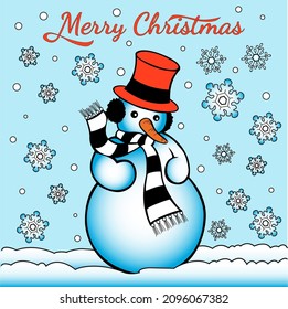 Illustration festive christmas card with snow woman in headphones and hat with snowflakes 