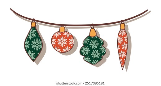 Illustration of a festive Christmas garland featuring four ornaments with snowflake patterns. Two green and two red baubles in various shapes hang from a curved double line.