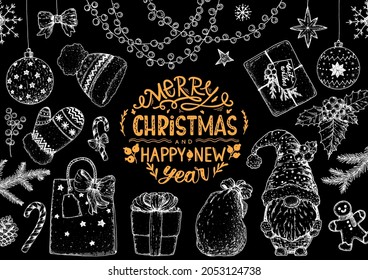 Illustration for a festive Christmas mood. Hand drawn sketch. Christmas greeting card. Vintage design elements. Vector illustration. Invitation design template. Sketch collection.