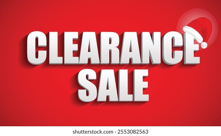 An illustration of festive clearance sale banner featuring bold white 3D text on a vibrant red background, adorned with a Santa hat. Perfect for holiday promotions, seasonal sales, and Christmas