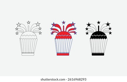 Illustration of a festive cupcake adorned with firework-style decorations and stars in multiple styles.