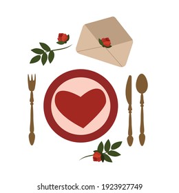 Illustration, festive dishes. Vector set of festive cutlery: forks, knives, spoons, empty plate. Open envelope, branches and flowers