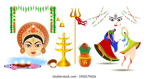 illustration of festive elements with. Goddess Durga Face in Happy Durga Puja, Subh Navratri, maa, abstract background with text Durga puja means Durga Puja