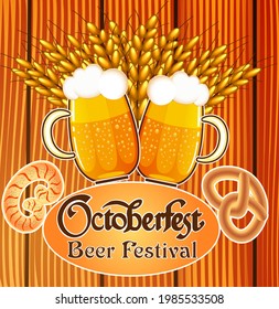 Illustration of a festive Oktoberfest poster with mugs of beer spikelets and pretzels 