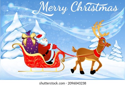 illustration festive postcard with deer sled and santa