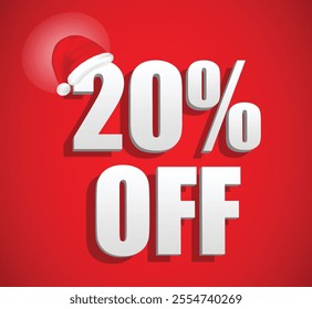 An illustration of festive promotional banner featuring '20% Off' in white 3D text adorned with a Santa hat on a red background, perfect for holiday sales and seasonal discounts.